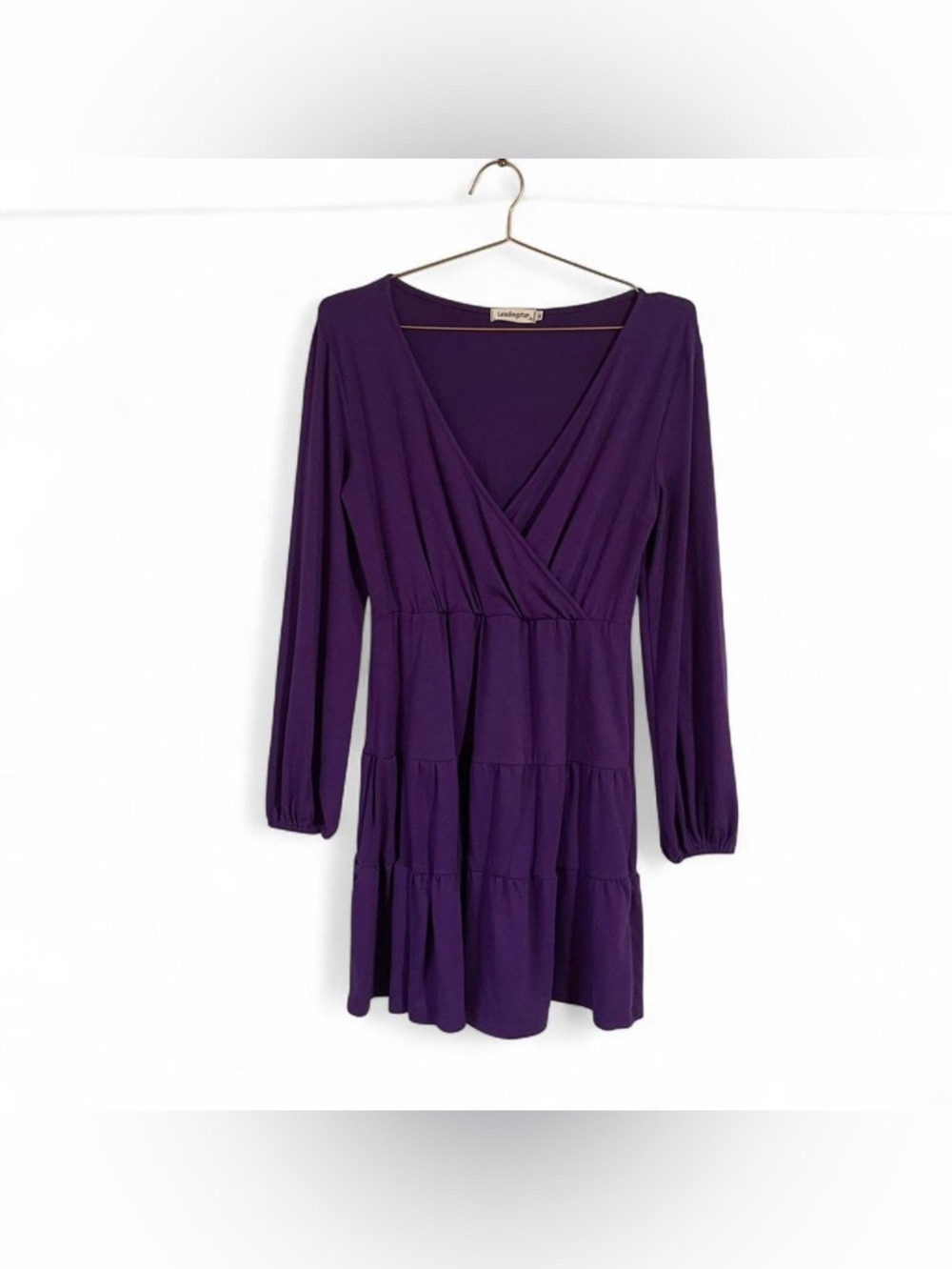 Purple Wrap-Style Tiered Mini Dress – Long Sleeve Flowy Fit (M)
